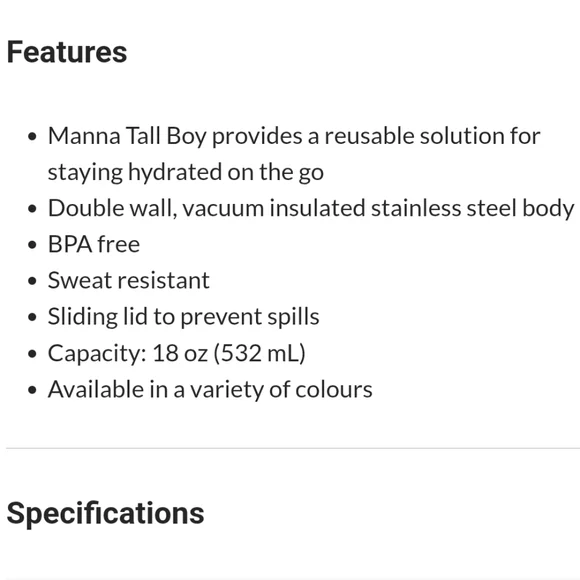 Manna BPA-Free Stainless Steel Double Wall Insulated Tall Boy, 18-oz - Picture 2 of 6